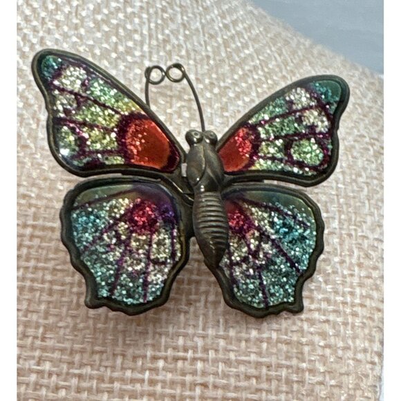 Butterfly Brooch Pin Set of 2 Multicolor Glitter Enamel Beautiful - Picture 4 of 10